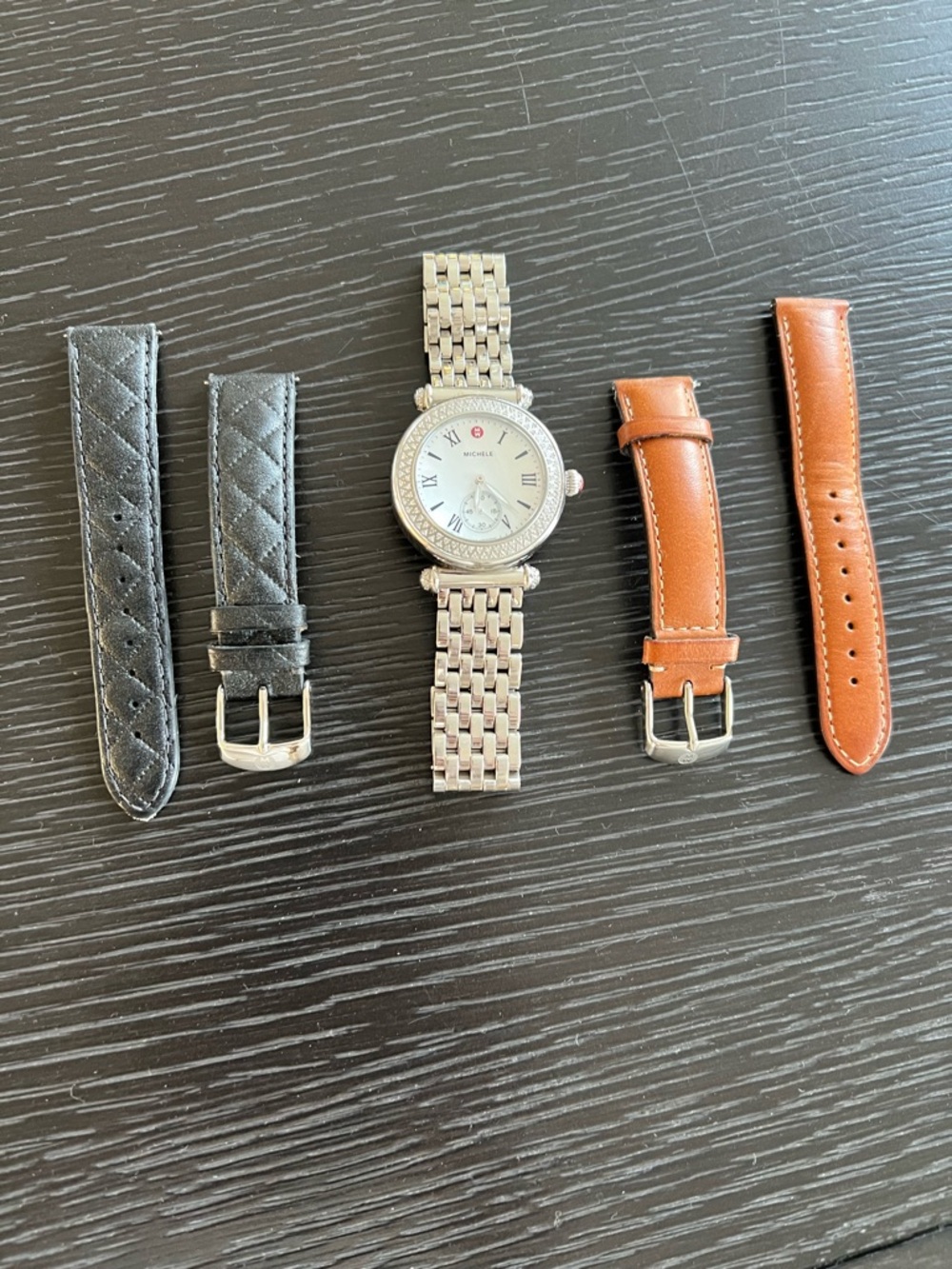Michele Silver Link Watch with Black Quilted and Brown Leather Straps